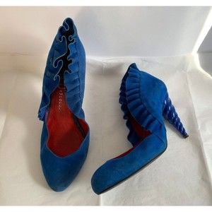 Jeffrey Campbell Ibiza Bianca Blue Suede Ruffle Twist Cone Heel Pump - Size 8.5